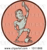 Vector Clip Art of Retro Sketched American Football Player Resting a Foot on a Helmet and Holding up a Trophy in a Pink Oval by Patrimonio