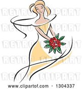 Vector Clip Art of Retro Sketched Blond White Bride in a Yellow Dress, Holding a Bouquet of Red Flowers 2 by Vector Tradition SM