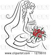 Vector Clip Art of Retro Sketched Bride with Red Flowers in Her Bouquet by Vector Tradition SM