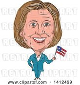 Vector Clip Art of Retro Sketched Caricature of Hillary Clinton Holding a Flag by Patrimonio