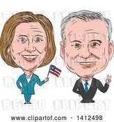 Vector Clip Art of Retro Sketched Caricature of Hillary Clinton Waving a Flag Next to Tim Kaine by Patrimonio