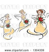 Vector Clip Art of Retro Sketched Caucasians Bride in Yellow Dresses, Holding Bouquets of Red Flowers by Vector Tradition SM