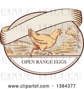 Vector Clip Art of Retro Sketched Chicken Running on a Label with Open Range Text and a Blank Ribbon Banner by Patrimonio