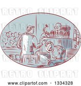 Vector Clip Art of Retro Sketched Courtroom Scene with a Judge, Defendant, Prosecuter, Jury and Attorney by Patrimonio
