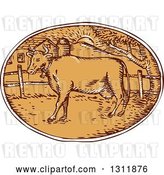 Vector Clip Art of Retro Sketched Cow in a Pasture with a Farmhouse at Sunrise or Sunset by Patrimonio