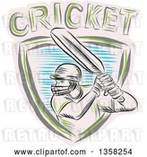 Vector Clip Art of Retro Sketched Cricket Batsman in a Shield with Text by Patrimonio