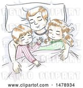 Vector Clip Art of Retro Sketched Dad and Children Sleeping by BNP Design Studio