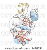 Vector Clip Art of Retro Sketched Dad Carrying His Son and Teddy Bear on His Back by BNP Design Studio