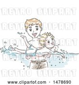Vector Clip Art of Retro Sketched Dad Teaching His Son How to Swim by BNP Design Studio