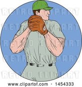 Vector Clip Art of Retro Sketched Drawing Male Baseball Player Pitching in a Blue Circle by Patrimonio