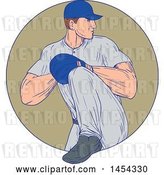 Vector Clip Art of Retro Sketched Drawing Male Baseball Player Pitching in a Tan Circle by Patrimonio