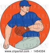 Vector Clip Art of Retro Sketched Drawing Male Baseball Player Pitching in an Orange Circle by Patrimonio