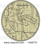 Vector Clip Art of Retro Sketched Drawing Styled Medieval Carpenter Holding Saw in His Workshop by Patrimonio