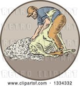 Vector Clip Art of Retro Sketched Farmer Shearing a Sheep in a Circle by Patrimonio
