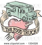 Vector Clip Art of Retro Sketched Food Truck with a Banner and Fork Through a Heart by Patrimonio