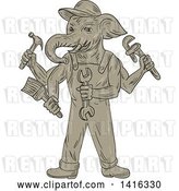 Vector Clip Art of Retro Sketched Ganesha Handy Guy Elephant Holding Tools by Patrimonio
