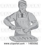 Vector Clip Art of Retro Sketched Grayscale Butcher Sharpening a Knife over a Cut of Meat by Patrimonio