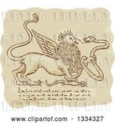 Vector Clip Art of Retro Sketched Griffin Battling a Snake with Manuscript Cypher Text Code by Patrimonio