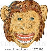 Vector Clip Art of Retro Sketched Happy Chimpanzee Face by Patrimonio