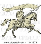 Vector Clip Art of Retro Sketched Horseback Knight Holding a Lance, Shield and Flag by Patrimonio