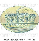 Vector Clip Art of Retro Sketched Log Cabin with Smoke Rising from the Chimney, in an Oval by Patrimonio