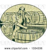 Vector Clip Art of Retro Sketched Male Brewmaster Stirring Beer Brew in a Kettle Barrel by Patrimonio