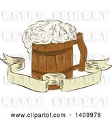 Vector Clip Art of Retro Sketched Medieval Wooden Beer Mug with Froth over a Ribbon Banner by Patrimonio