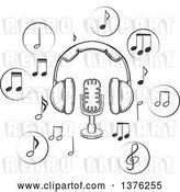 Vector Clip Art of Retro Sketched Microphone and Earphones Surrounded by Circular Icons with Music Notes by Vector Tradition SM