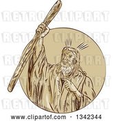 Vector Clip Art of Retro Sketched Moses Raising His Staff Rod to Part the Red Sea, Emerging from a Circle by Patrimonio