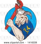 Vector Clip Art of Retro Sketched Navy Goat Guy Holding Pipe Monkey Wrench in a Blue Circle by Patrimonio