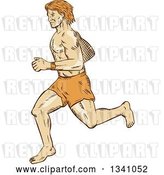Vector Clip Art of Retro Sketched or Engraved Barefoot Male Runner by Patrimonio
