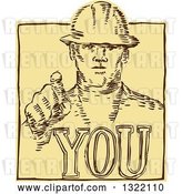 Vector Clip Art of Retro Sketched or Engraved Construction Worker Pointing over You Text by Patrimonio