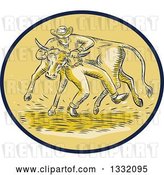 Vector Clip Art of Retro Sketched or Engraved Cowboy Wrestling a Bull in a Brown and Tan Oval by Patrimonio