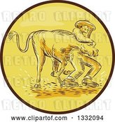 Vector Clip Art of Retro Sketched or Engraved Cowboy Wrestling a Bull in a Brown and Yellow Circle by Patrimonio