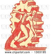 Vector Clip Art of Retro Sketched or Engraved Factory Worker Rolling a Giant Gear Cog Wheel by Patrimonio