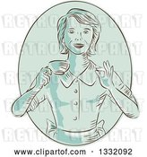 Vector Clip Art of Retro Sketched or Engraved Green Happy Housewife or Waitress Gesturing Perfect and Holding a Cup of Coffee in an Oval by Patrimonio