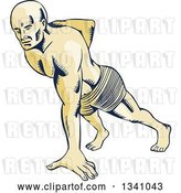 Vector Clip Art of Retro Sketched or Engraved Guy Doing One Handed Push Ups by Patrimonio