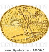 Vector Clip Art of Retro Sketched or Engraved Guy Paddle Boarding Against a Tropical Island and Sunset in an Oval by Patrimonio