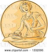 Vector Clip Art of Retro Sketched or Engraved Happy Housewife Wearing an Apron and Ironing Laundry in an Orange Circle by Patrimonio