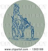 Vector Clip Art of Retro Sketched or Engraved Harness Racing Scene in an Oval by Patrimonio
