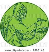 Vector Clip Art of Retro Sketched or Engraved Herbicide Sprayer in a Green Circle by Patrimonio