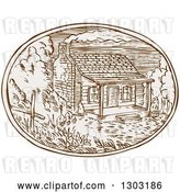 Vector Clip Art of Retro Sketched or Engraved Log Cabin with Smoke Rising Rom the Chimney in an Oval by Patrimonio
