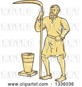 Vector Clip Art of Retro Sketched or Engraved Medieval Male Farmer with a Scythe and Bucket by Patrimonio
