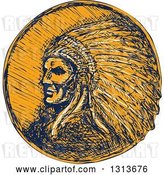 Vector Clip Art of Retro Sketched or Engraved Native American Indian Chief Wearing a Feather Headdress in Navy Blue and Orange by Patrimonio
