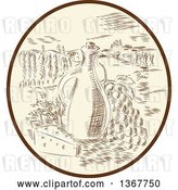 Vector Clip Art of Retro Sketched or Engraved Olive Jar, Grapes and Cheese in a Tuscan Landscape Within an Oval by Patrimonio