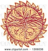 Vector Clip Art of Retro Sketched or Engraved Plant in a Field with Roots in a Flower Head or Sun by Patrimonio