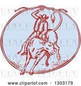 Vector Clip Art of Retro Sketched or Engraved Rodeo Cowboy Swinging a Lasso on a Bull in an Oval by Patrimonio