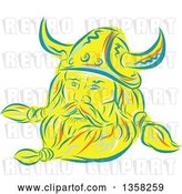 Vector Clip Art of Retro Sketched or Engraved Viking Norseman with a Long Beard and Horned Helmet by Patrimonio