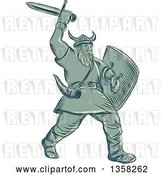 Vector Clip Art of Retro Sketched or Engraved Viking Warrior Holding a Shield and Wielding a Sword by Patrimonio