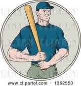 Vector Clip Art of Retro Sketched or Engraved White Male Baseball Player Holding a Bat in a Circle by Patrimonio